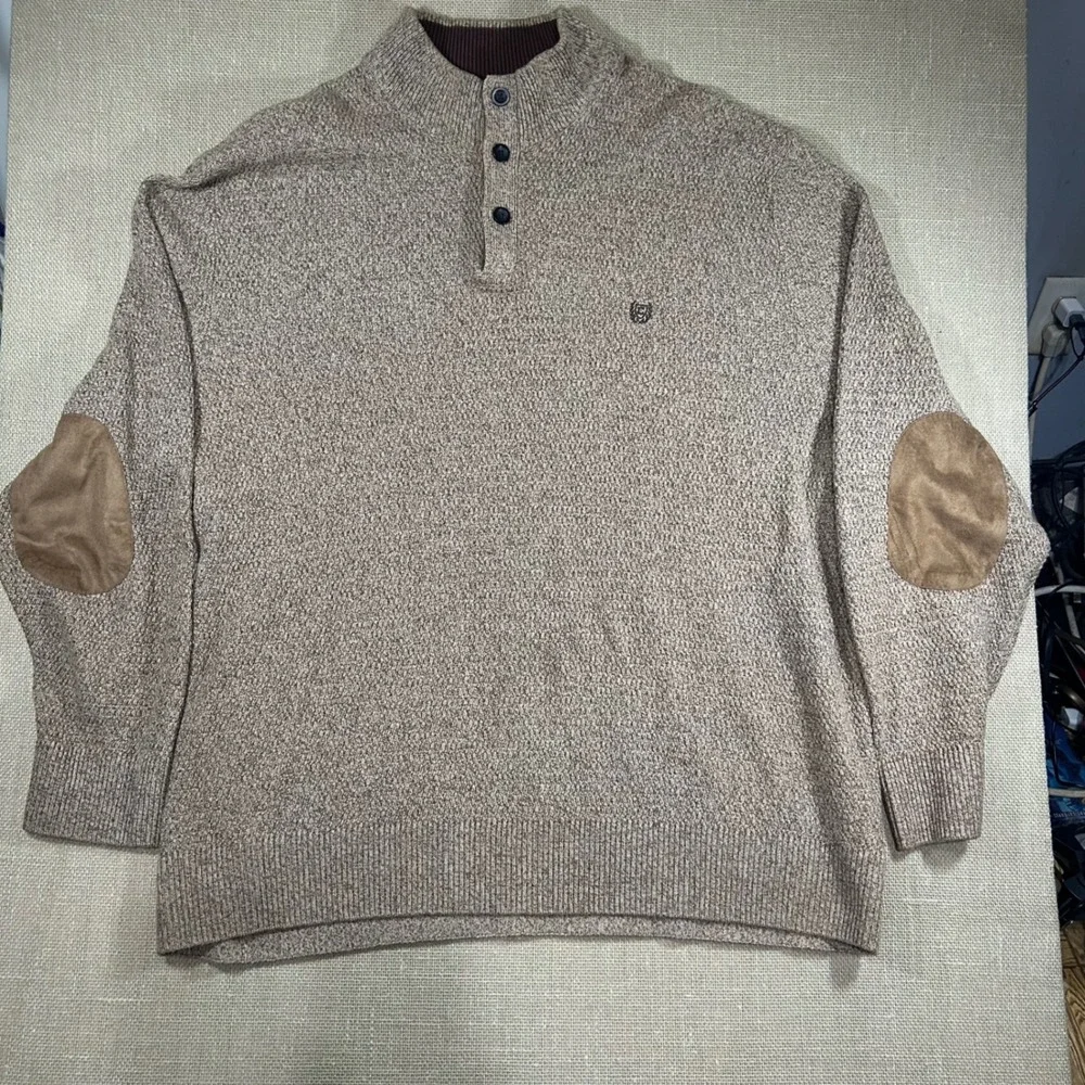 Chaps Mens 4XB Brown Marl Mock Neck Button Sweater Suede Elbow Patches 0050